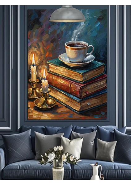 Kitaplar Üzerinde Sıcak Kahve Keyfi Dekoratif Kanvas - Mdf Ahşap Tablo fırsatları