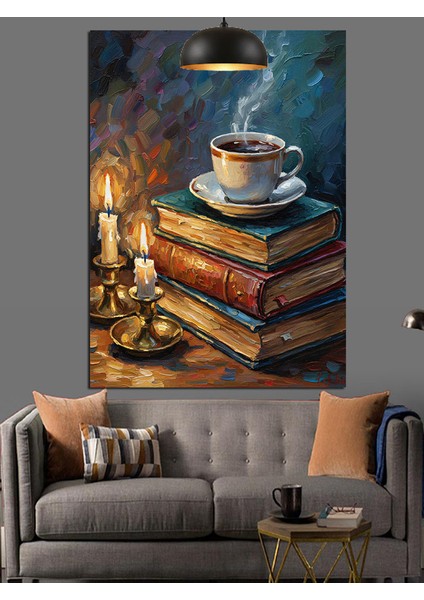 Kitaplar Üzerinde Sıcak Kahve Keyfi Dekoratif Kanvas - Mdf Ahşap Tablo indirimleri