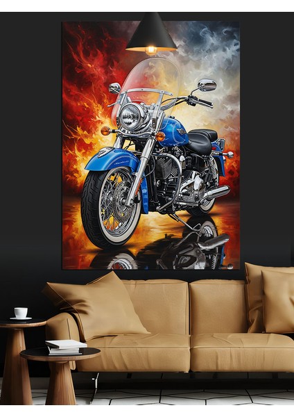 Mavi Motorsiklet Fonda Alevler Dekoratif Kanvas - Mdf Ahşap Tablo