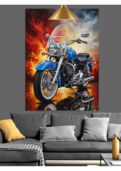 Mavi Motorsiklet Fonda Alevler Dekoratif Kanvas - Mdf Ahşap Tablo fiyatları