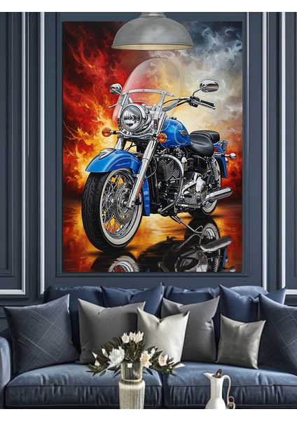 Mavi Motorsiklet Fonda Alevler Dekoratif Kanvas - Mdf Ahşap Tablo modelleri