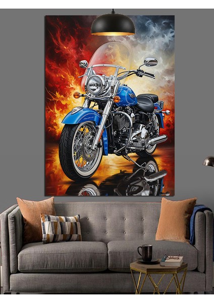 Mavi Motorsiklet Fonda Alevler Dekoratif Kanvas - Mdf Ahşap Tablo fırsatları