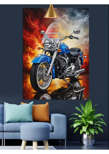 Mavi Motorsiklet Fonda Alevler Dekoratif Kanvas - Mdf Ahşap Tablo indirimleri