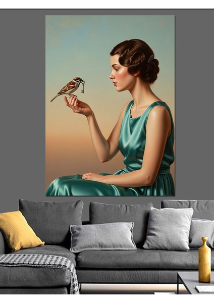 Elinde Kuş Olan Kadın Dekoratif Kanvas - Mdf Ahşap Tablo