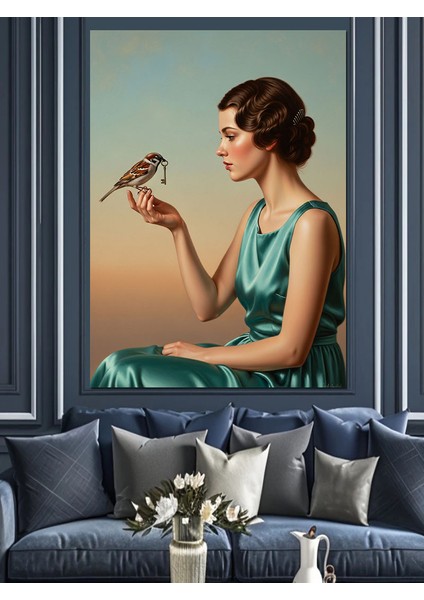 Elinde Kuş Olan Kadın Dekoratif Kanvas - Mdf Ahşap Tablo fiyatları