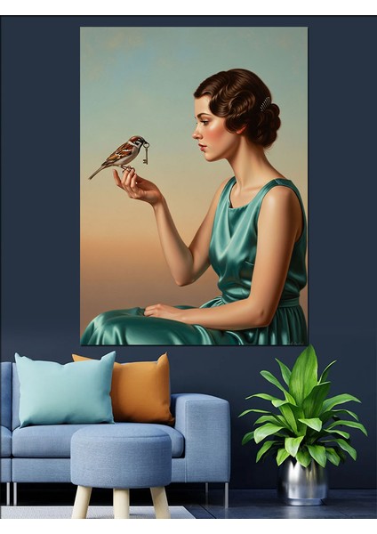 Elinde Kuş Olan Kadın Dekoratif Kanvas - Mdf Ahşap Tablo modelleri