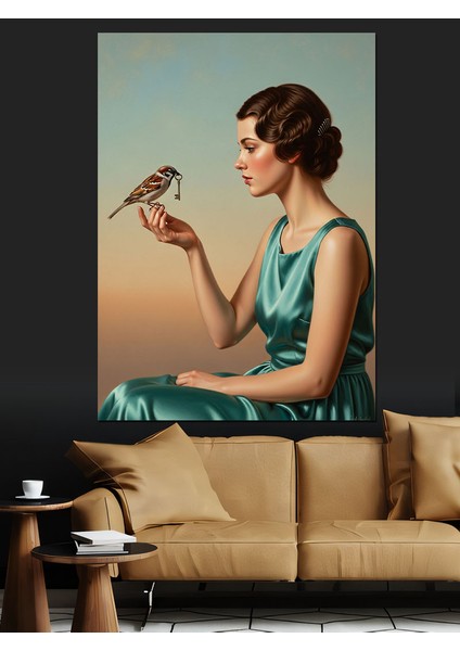 Elinde Kuş Olan Kadın Dekoratif Kanvas - Mdf Ahşap Tablo fırsatları