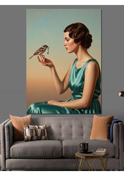 Elinde Kuş Olan Kadın Dekoratif Kanvas - Mdf Ahşap Tablo indirimleri