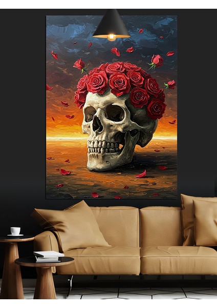 Kırmızı Çiçek Taçlı Kuru Kafa Dekoratif Kanvas - Mdf Ahşap Tablo
