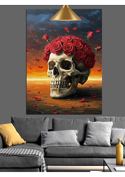 Kırmızı Çiçek Taçlı Kuru Kafa Dekoratif Kanvas - Mdf Ahşap Tablo fiyatları