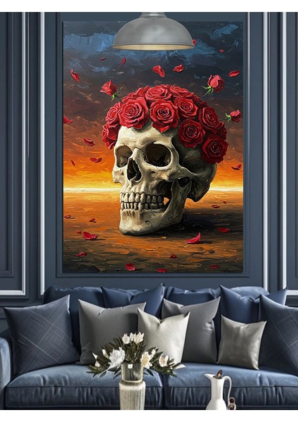 Kırmızı Çiçek Taçlı Kuru Kafa Dekoratif Kanvas - Mdf Ahşap Tablo modelleri