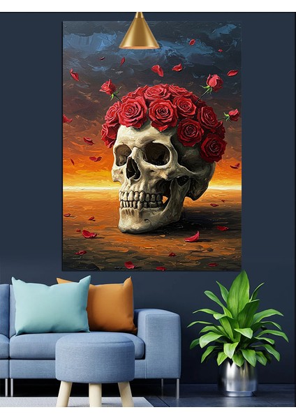 Kırmızı Çiçek Taçlı Kuru Kafa Dekoratif Kanvas - Mdf Ahşap Tablo indirimleri