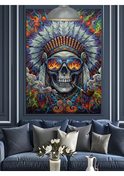 Kızılderili Tüylü Başlıklı Iskelet Portresi Dekoratif Kanvas - Mdf Ahşap Tablo