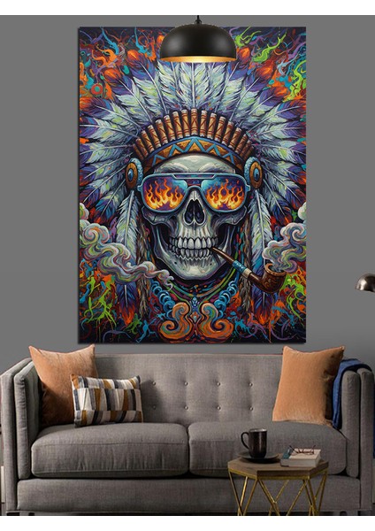 Kızılderili Tüylü Başlıklı Iskelet Portresi Dekoratif Kanvas - Mdf Ahşap Tablo fiyatları