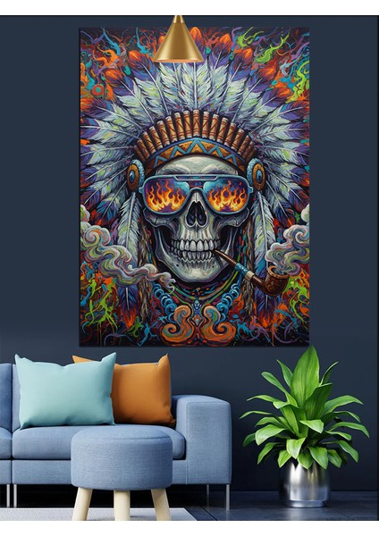 Kızılderili Tüylü Başlıklı Iskelet Portresi Dekoratif Kanvas - Mdf Ahşap Tablo modelleri