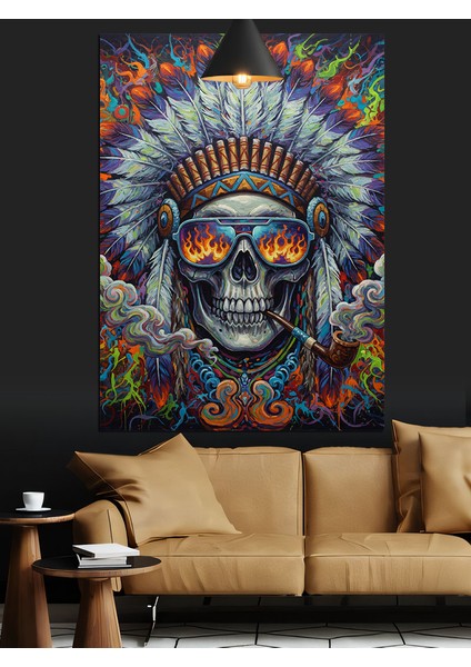 Kızılderili Tüylü Başlıklı Iskelet Portresi Dekoratif Kanvas - Mdf Ahşap Tablo fırsatları