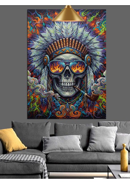 Kızılderili Tüylü Başlıklı Iskelet Portresi Dekoratif Kanvas - Mdf Ahşap Tablo indirimleri