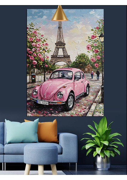 Pembe Vosvos Araba Paris Eyfel Kulesi Dekoratif Kanvas - Mdf Ahşap Tablo