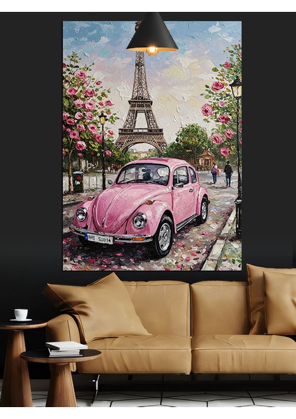 Pembe Vosvos Araba Paris Eyfel Kulesi Dekoratif Kanvas - Mdf Ahşap Tablo fiyatları
