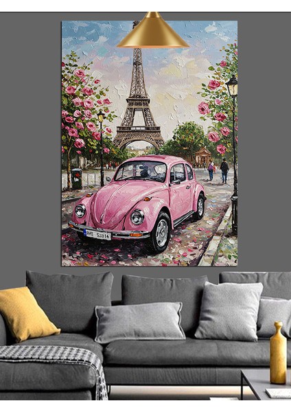 Pembe Vosvos Araba Paris Eyfel Kulesi Dekoratif Kanvas - Mdf Ahşap Tablo modelleri