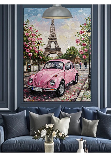 Pembe Vosvos Araba Paris Eyfel Kulesi Dekoratif Kanvas - Mdf Ahşap Tablo fırsatları