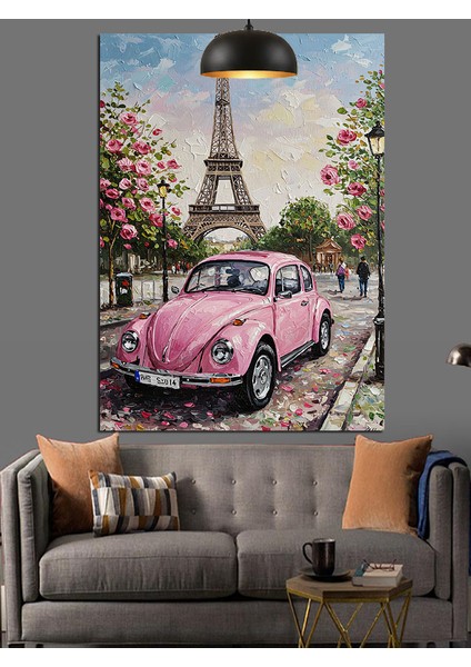 Pembe Vosvos Araba Paris Eyfel Kulesi Dekoratif Kanvas - Mdf Ahşap Tablo indirimleri