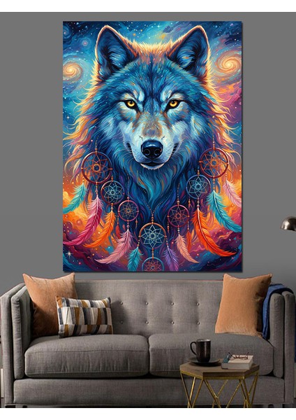 Mavi Kurt Vahşi Gözler Dekoratif Kanvas - Mdf Ahşap Tablo