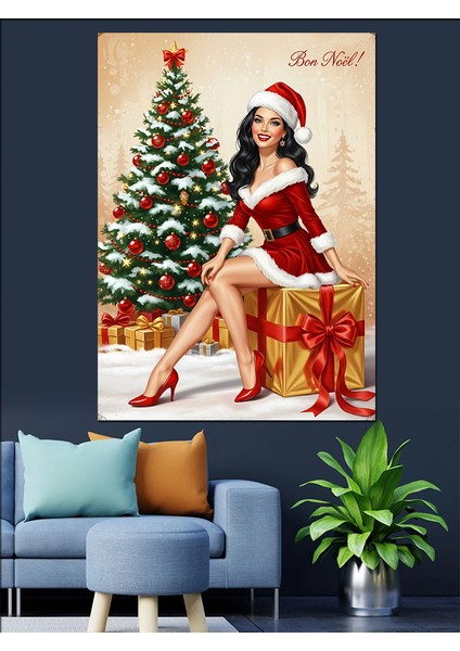 Noel Baba Şapkalı Kadın Yılbaşı Dekoratif Kanvas - Mdf Ahşap Tablo fiyatları