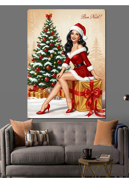 Noel Baba Şapkalı Kadın Yılbaşı Dekoratif Kanvas - Mdf Ahşap Tablo fırsatları