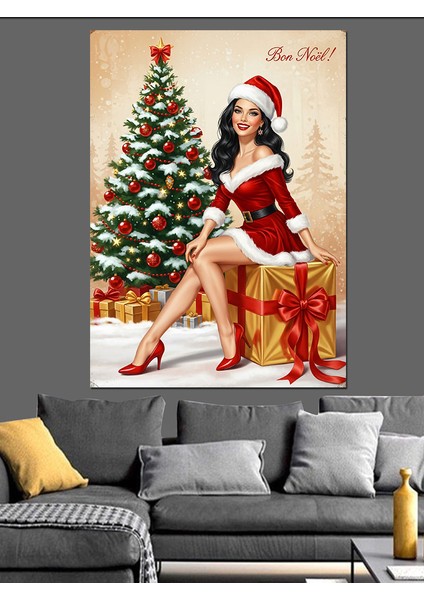 Noel Baba Şapkalı Kadın Yılbaşı Dekoratif Kanvas - Mdf Ahşap Tablo indirimleri