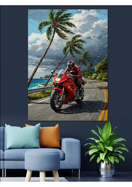 Motosiklet Palmiye Ağacı Plaj Dekoratif Kanvas - Mdf Ahşap Tablo