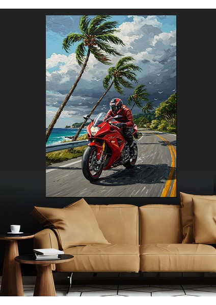 Motosiklet Palmiye Ağacı Plaj Dekoratif Kanvas - Mdf Ahşap Tablo fiyatları