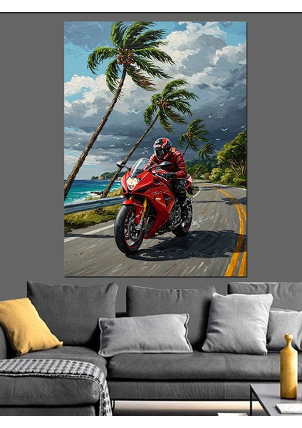 Motosiklet Palmiye Ağacı Plaj Dekoratif Kanvas - Mdf Ahşap Tablo fırsatları