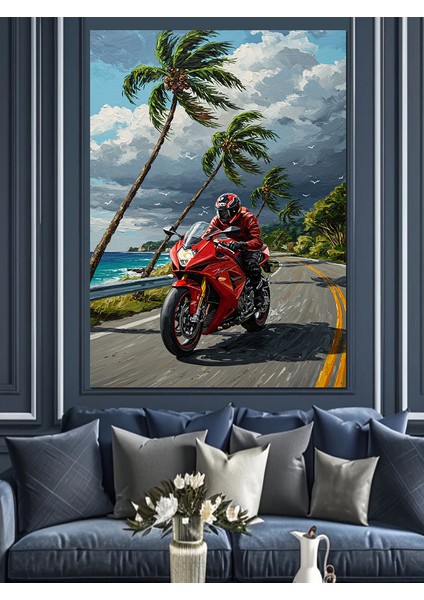 Motosiklet Palmiye Ağacı Plaj Dekoratif Kanvas - Mdf Ahşap Tablo indirimleri