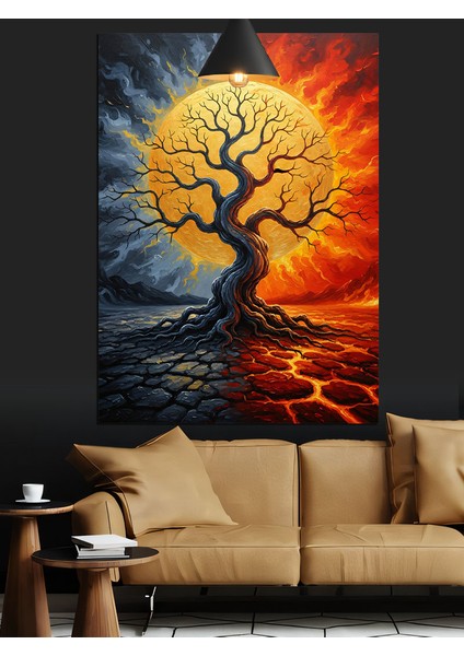 Kırmızı Işıklı Ağaç Sanatı Dekoratif Kanvas - Mdf Ahşap Tablo