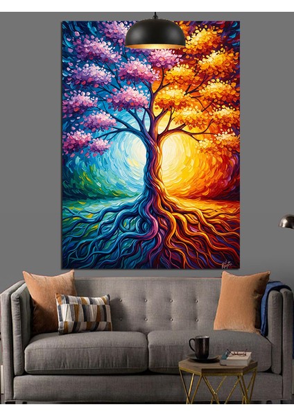Renkli Hayat Ağacı Dekoratif Kanvas - Mdf Ahşap Tablo