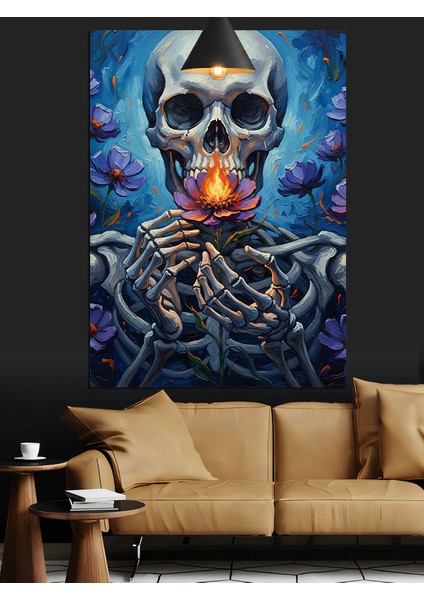 Kuru Kafa Iskelet Figürü Mor Çiçekler Alev Dekoratif Kanvas - Mdf Ahşap Tablo