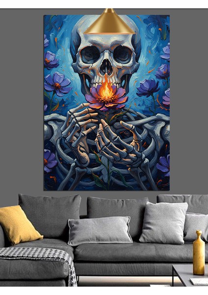 Kuru Kafa Iskelet Figürü Mor Çiçekler Alev Dekoratif Kanvas - Mdf Ahşap Tablo fiyatları