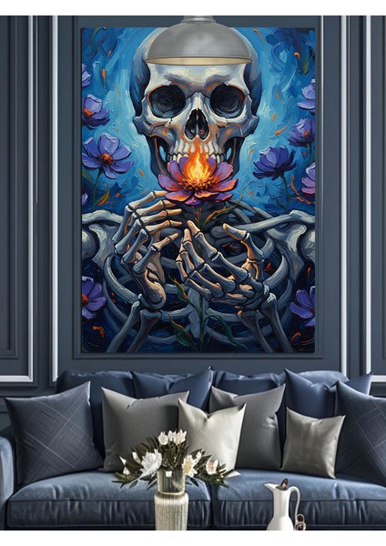 Kuru Kafa Iskelet Figürü Mor Çiçekler Alev Dekoratif Kanvas - Mdf Ahşap Tablo modelleri