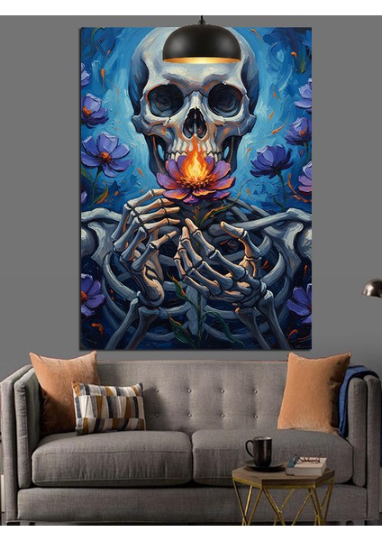Kuru Kafa Iskelet Figürü Mor Çiçekler Alev Dekoratif Kanvas - Mdf Ahşap Tablo fırsatları