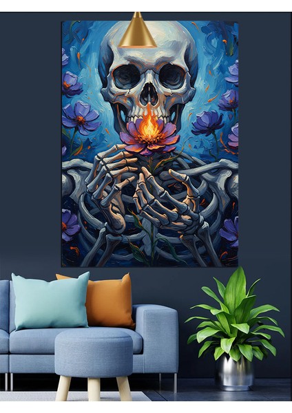 Kuru Kafa Iskelet Figürü Mor Çiçekler Alev Dekoratif Kanvas - Mdf Ahşap Tablo indirimleri