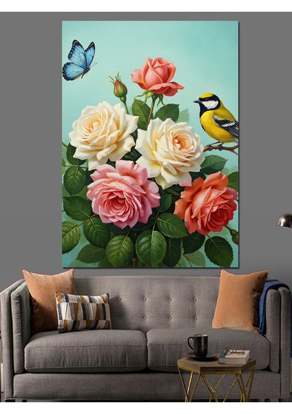 Kelebekli Renkli Çiçek Buketi Dekoratif Kanvas - Mdf Ahşap Tablo