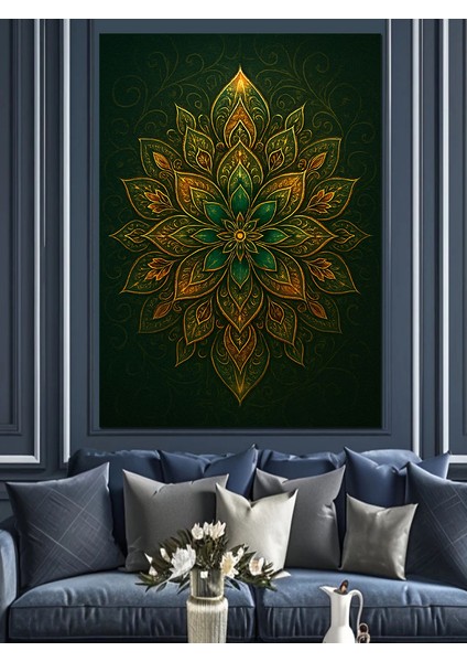 Yeşil Mandala Geometrik Desen Dekoratif Kanvas - Mdf Ahşap Tablo