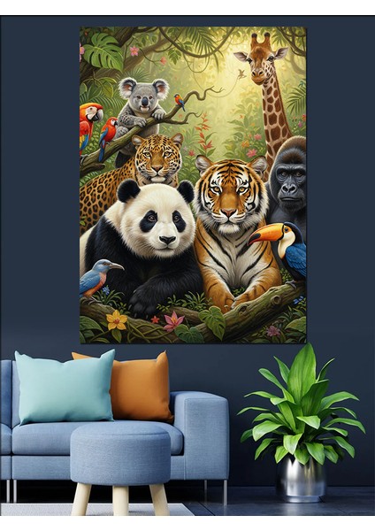 Panda Ayı ve Neşeli Orman Arkadaşları Dekoratif Kanvas - Mdf Ahşap Tablo