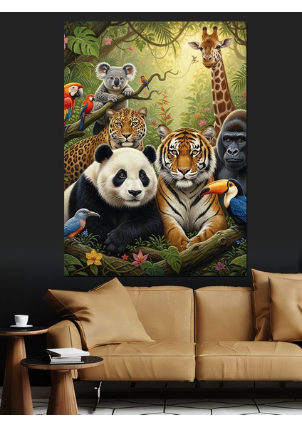 Panda Ayı ve Neşeli Orman Arkadaşları Dekoratif Kanvas - Mdf Ahşap Tablo fiyatları