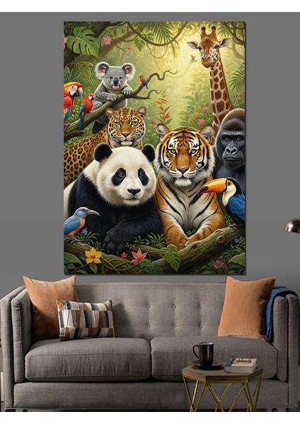 Panda Ayı ve Neşeli Orman Arkadaşları Dekoratif Kanvas - Mdf Ahşap Tablo modelleri