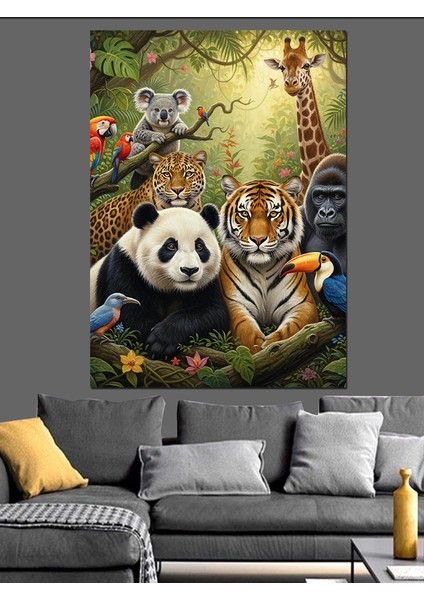 Panda Ayı ve Neşeli Orman Arkadaşları Dekoratif Kanvas - Mdf Ahşap Tablo fırsatları