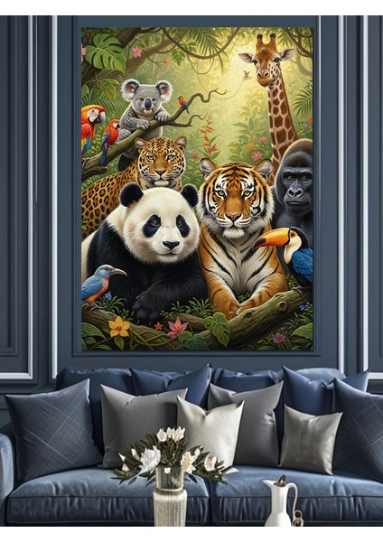 Panda Ayı ve Neşeli Orman Arkadaşları Dekoratif Kanvas - Mdf Ahşap Tablo indirimleri