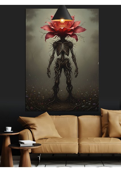 Kırmızı Gül Iskelet Figür Dekoratif Kanvas - Mdf Ahşap Tablo