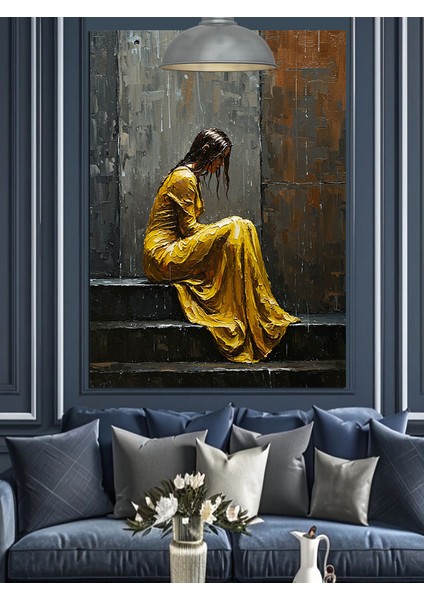 Sarı Elbiseli Merdivende Oturan Kadın Dekoratif Kanvas - Mdf Ahşap Tablo